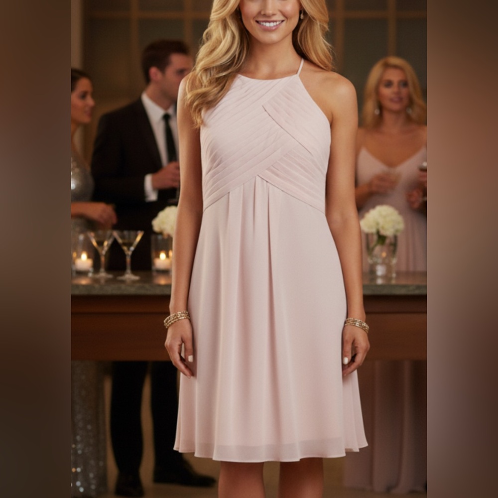 Azazie Pastel Pink Pleated Halter Midi Dress Size Medium